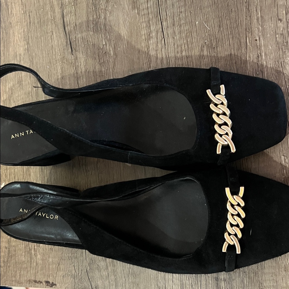 Ann Taylor Black Suede Chain-Accent Slingback Kitten Block Heels
